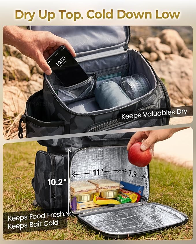 MATEIN Pro Fishing Backpack with 4 Tackle Boxes, 3600 Tackle Box Backpack with Rod Holder, Large Side Gear Storage & Cooler