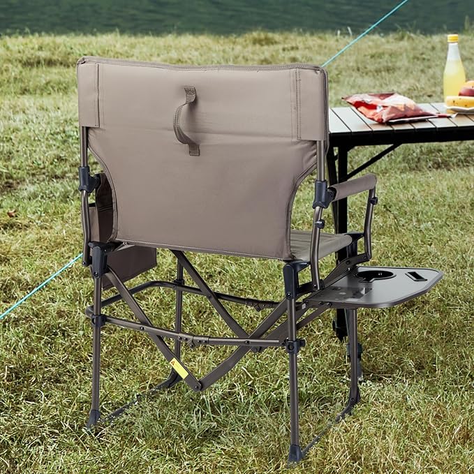 Timber Ridge Aluminum Camping Directors Chair with Side Table Pocket, Portable Folding Chair, Heavy Duty Lawn Chair for Fishing Trip Picnic Concert Outdoor 400lbs, Tan