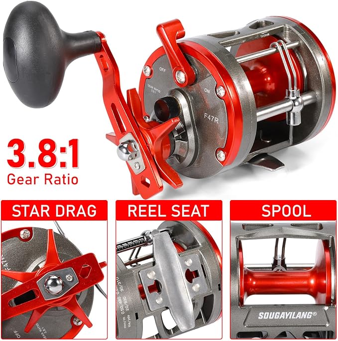 Sougayilang F47 Baitcasting Fishing Reel - Reinforced Metal Body Round Baitcaster for Smooth Powerful Saltwater Inshore Surf Trolling - Conventional Reel for Catfish, Musky, Bass, Pike