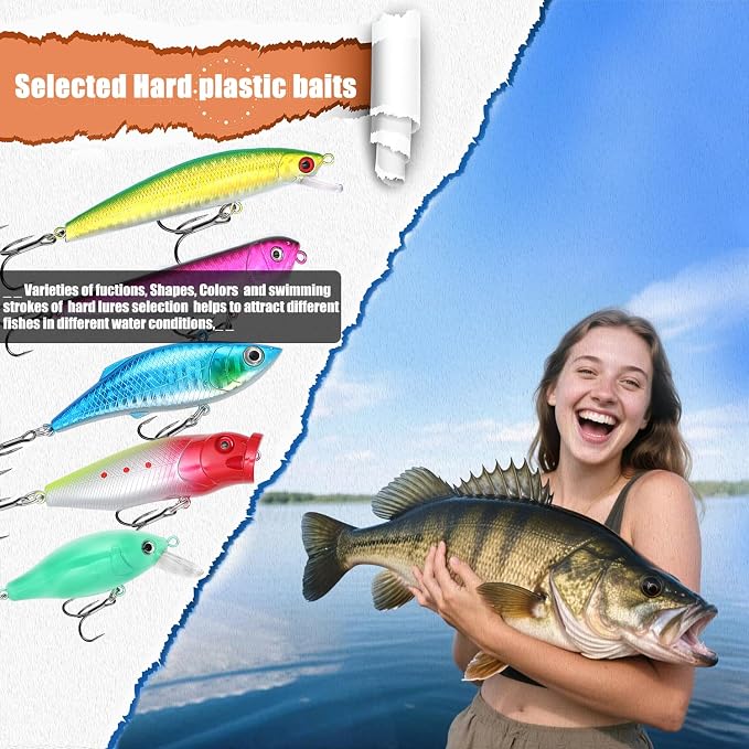 EXAURAFELIS Fishing Lures,Tackle Box with Tackle Included, Crankbaits, Spoon, Shrimp Worm Bait, Hooks,Weights & Other Accessories, Fishing Lures kit Lure Set for Bass Trout Salmon