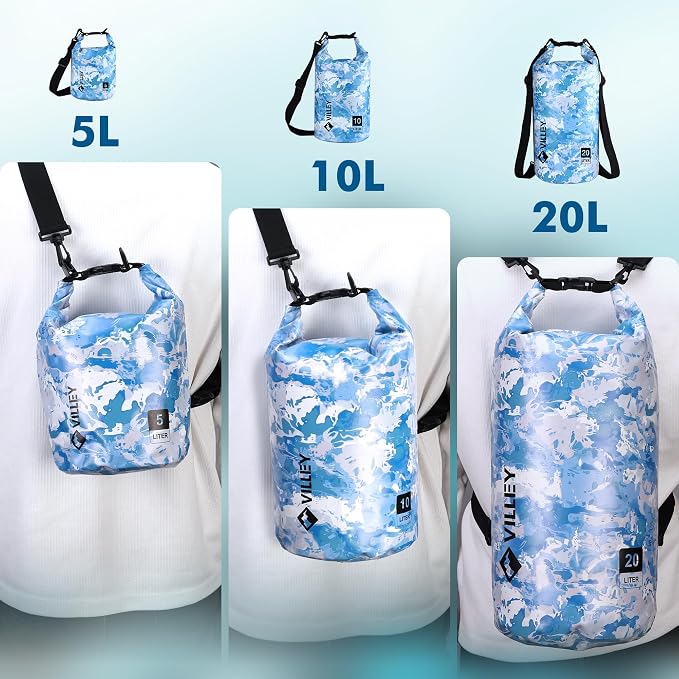 VILLEY Dry Bag Waterproof 10L Roll Top Storage Backpack, Keeps Gear Dry Lightweight Backpack for Kayaking Boating Camping Swimming and Beach Accessories Blue Camo
