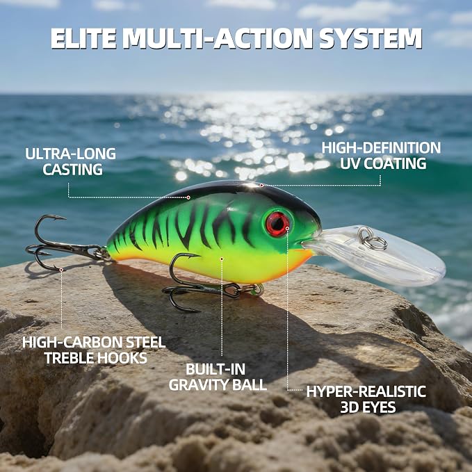 10Pcs Crankbait Fishing Lures Set, 4" - 1/2 oz Deep Diver with Built-in Sonic Vibrations, Fat Body Swimbaits with Sharp Treble Hooks for Bass & Trout, Freshwater/Saltwater