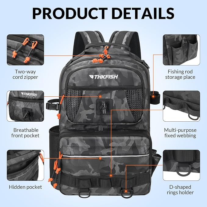 THKFISH Fishing Backpack Tackle Sling Bag, 20L Tackle Backpack with Rod Holder Store Fishing Gear, Gifts for fishermen