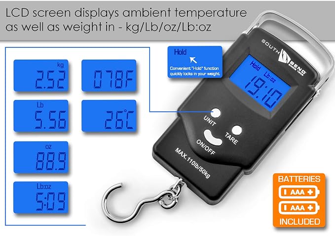 South Bend Digital Hanging Fishing Scale and Tape Measure with Backlit LCD Display, 110lb/50kg Weight Capacity (Batteries Included)