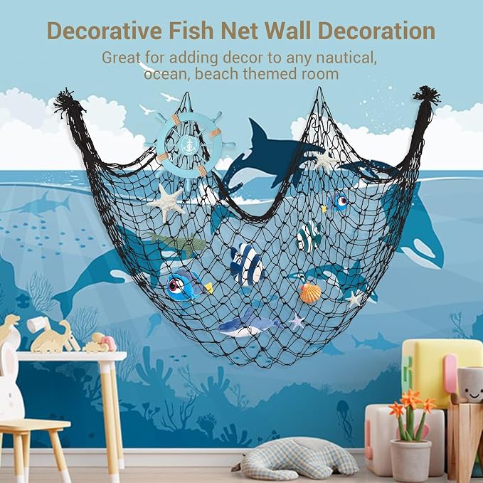 Fish Net Decorations for Party - 80x40 in Black Fishing Net Decor Halloween Gothic Pirate Party Decorations, 3mm Natural Cotton Decorative Netting Table Runner Photo Display Backdrop Wall Decor