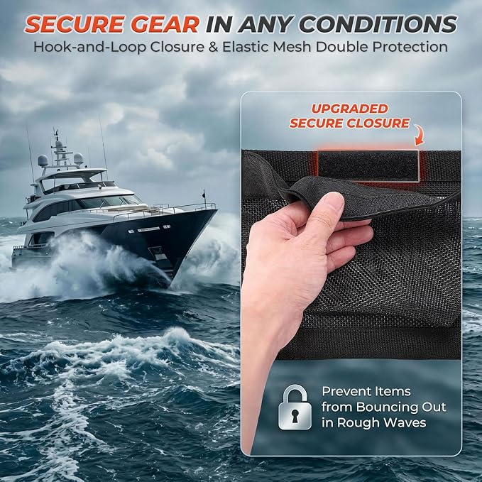 2PC Boat 10"*7" Self-Adhesive Storage Mesh Bag,Marine Organizer for Tools & Boat Accessories,Waterproof Strong Adhesive Backing, Easy to Install & Remove,Keep Your Boat Tidy and Items Secure