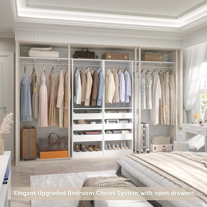 60" Wide x 80" Tall Closet System with 3 Half-Open Wooden Drawers, 5FT Closet Organizer System with 2 Hanging Rods & Removable Tower, Freestanding Wardrobe Organizer for Walk-in Bedroom, White