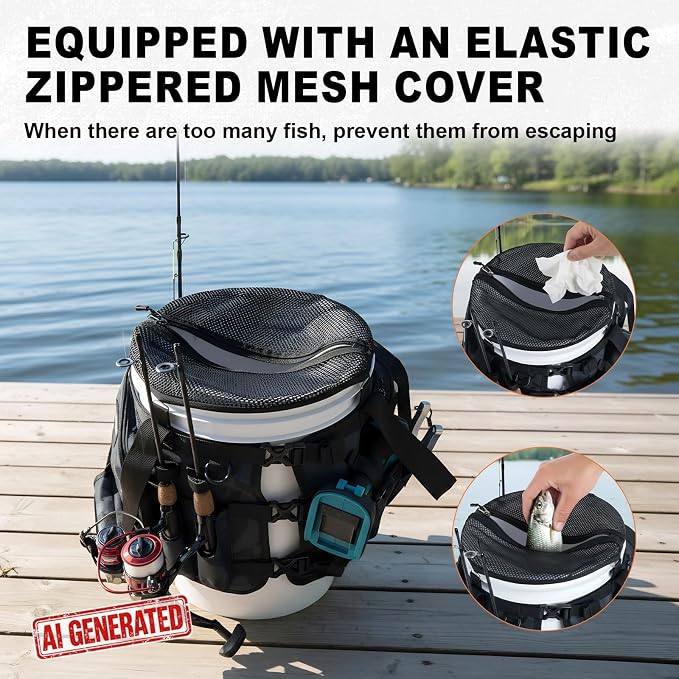 Goture Fishing Bucket Organizer for 5 Gallon Bucket, Heavy-Duty Waterproof Tackle Bag with 15+ Pockets, Ice Auger Holster & Secure Lock Straps for Ice Fishing Gear (Black, No Bucket)