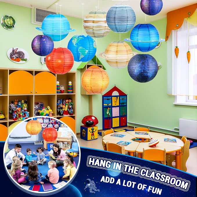 Hortsun 12 Pcs Paper Hanging Lanterns Birthday Decorations 12 Inch, 8 Inch Hanging Paper Lanterns for Party Decoration Supplies (Space)