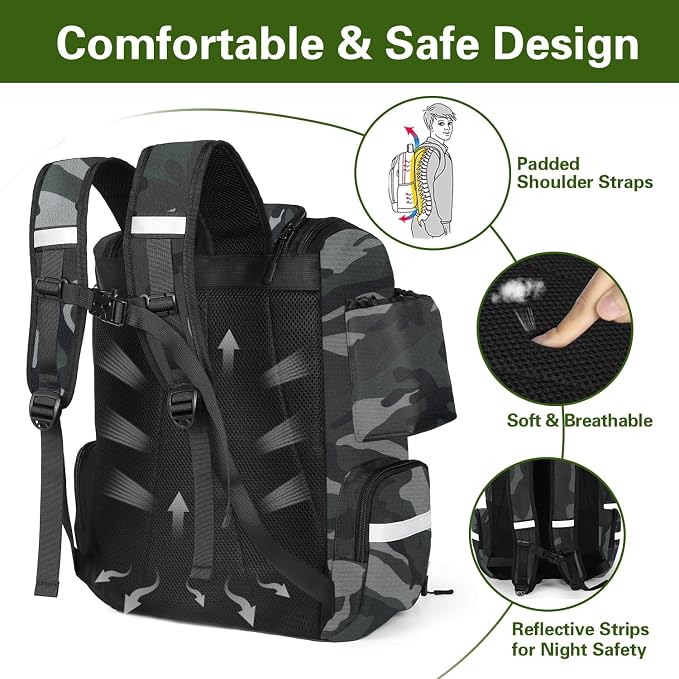 Fishing Backpack with Rod Holders, 45L Large Water-Resistant Tackle Box Backpack, Fishing Gear Gifts for Men -Camouflage