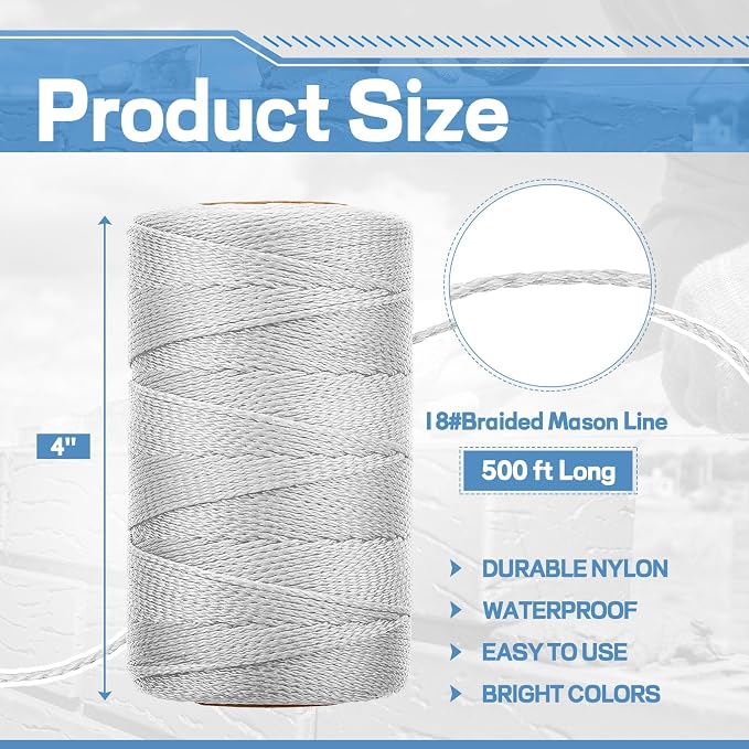 Amylove 4 Roll Mason String Line #18, 500 ft Nylon Braided Construction String Line, Heavy Duty Outdoor Twine Rope for Gardening or Masonry Tools Construction DIY Project, Fluorescent White