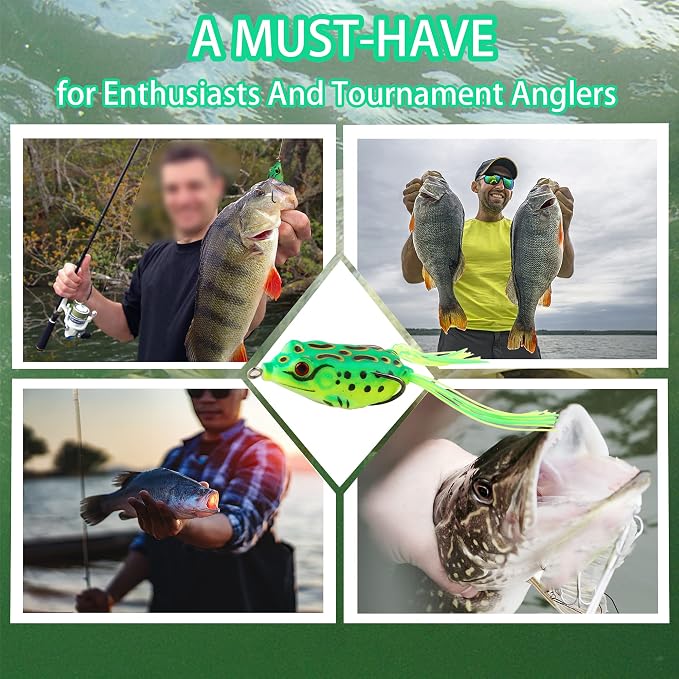 5PCS Topwater Frog Lures Set with Box, Realistic Soft Hollow Body Fishing Lures for Bass Snakehead Pike Bowfin, Weedless Freshwater Simulated Frog Baits