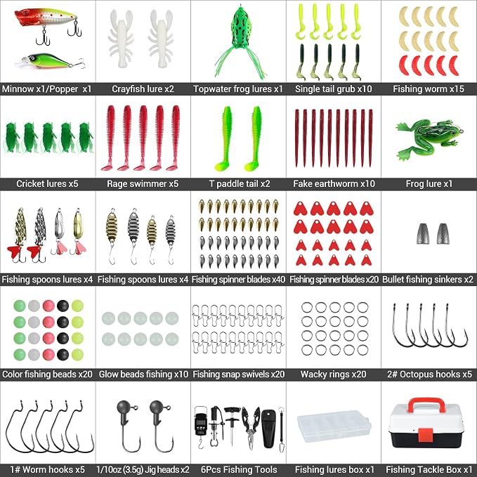 3 Layers Fishing Tackle Box, 213Pcs Fishing Lures Kit with Small Fishing Tool Kit Containing Weights Scale, Lip Clip, Hook Remover, Fishing Accessories, Fishing Gear for Beginners Kids, Men, Adults