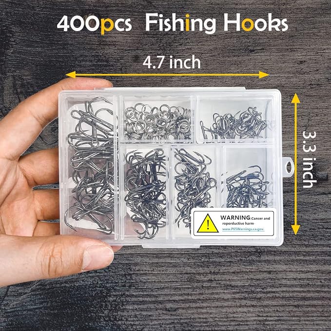 200 Pack Fishing Treble Hooks Kit High Carbon Steel Hooks Strong Sharp Round Bend with Split Rings for Lures Baits Saltwater Freshwater Fishing Size 2# 4# 6# 8# 10#