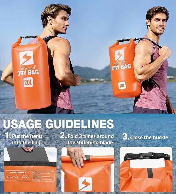 Soulsfeng Waterproof Dry Bag Backpack, Roll Top Floating Dry Storage Bag with Phone Case, Lightweight Dry Sack for Kayaking, Boating, Beach, Travel, Camping 10L, Orange