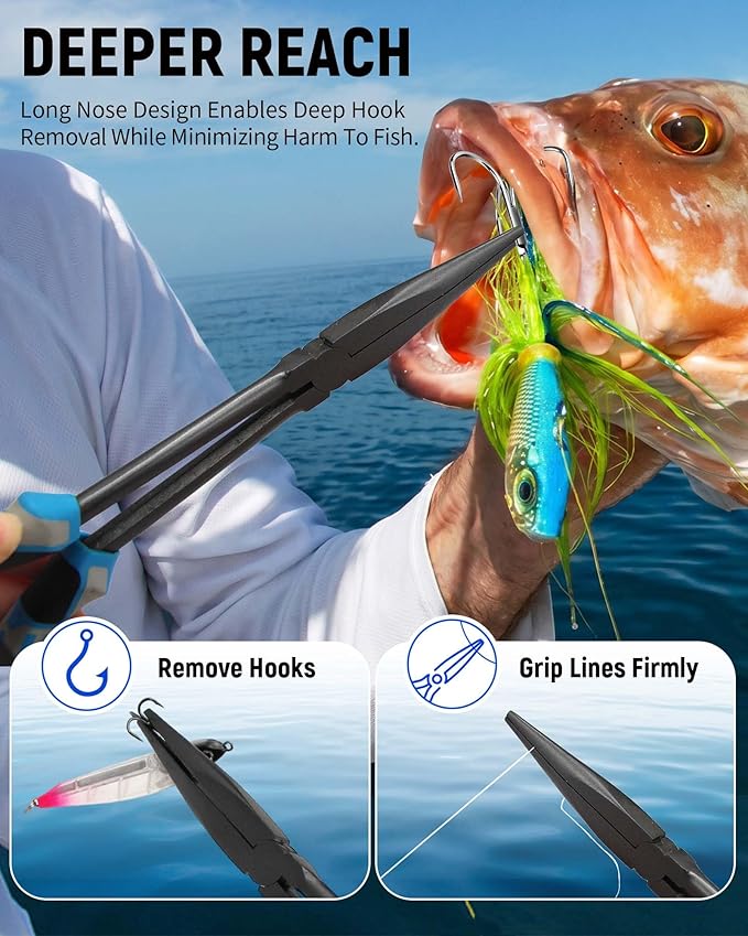 11" Long Nose Fishing Pliers, Straight & Bent Jaws, PTFE Coated Corrosion Resistant, Hook Remover & Braid Cutter Fishing Needle Nose Pliers, Saltwater Freshwater Gear for Bass Snook Trout