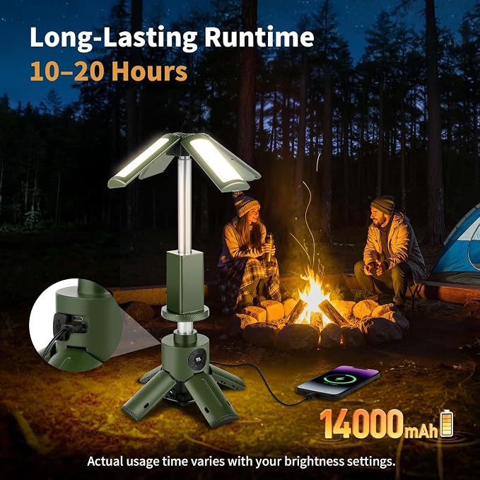 Telescopic Camping Light, Portable Camping Light with Stand, 14000mAh Rechargeable Camping Lantern, IPX6 Waterproof, Dimmable Outdoor Work Light for Emergency, Hiking, Fishing, Backyard