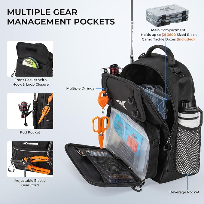 KastKing BaitSpace Fishing Sling Bag, Fishing Backpack with Rod & Beverage Holder, Tackle Bag for Fishing Gear