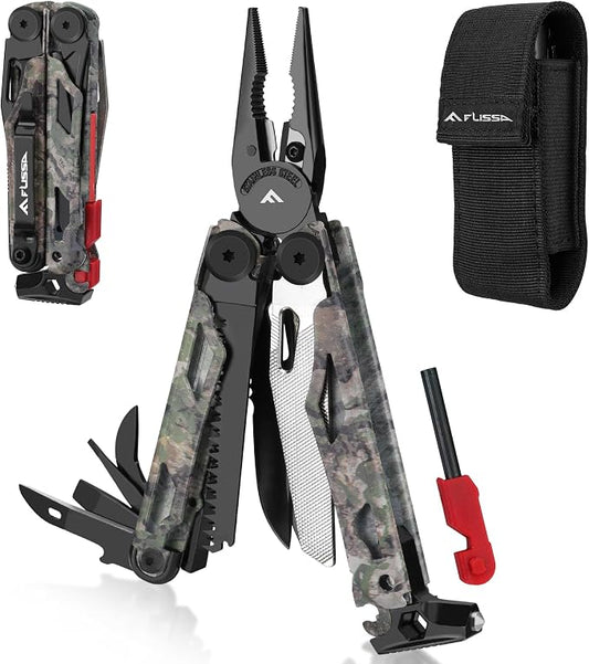 FLISSA Multitool, 18 in 1 Camo Multitool Pliers with Fire Starter, Window Breaker, Whistle, Stainless Steel EDC Gear with Sheath - Perfect for Survival, Simple Repair, Camping