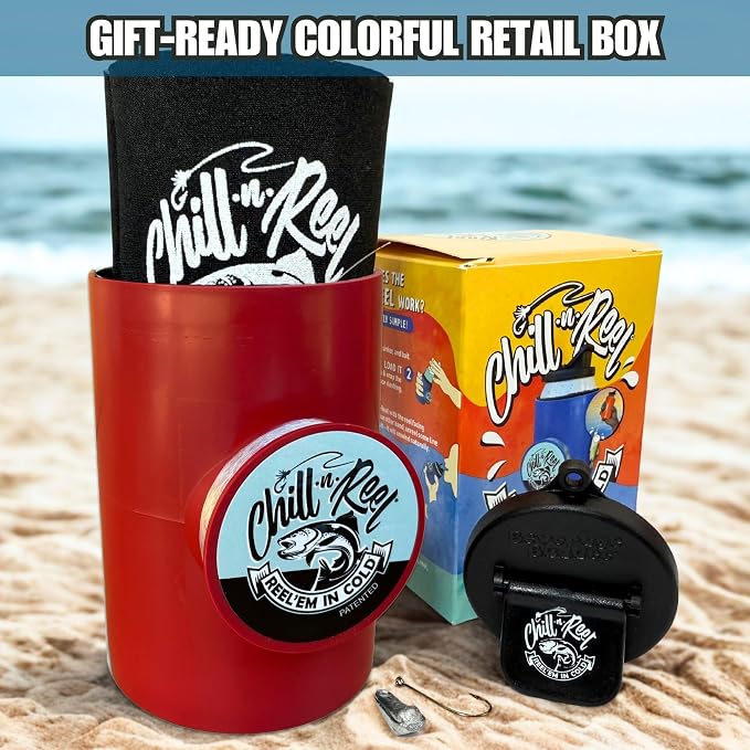 Made in USA | Beer Can Fishing Coolie | Hard Shell Drink Holder with Hand Line Reel | Holds Most Can Sleeves or Coozies | Unique Fishing Gift for Men | Retail Box Packaging | Crimson