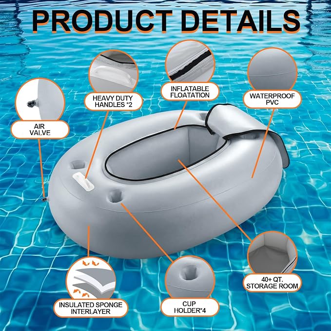 Threehoney 2 Pack Floating Coolers for River Inflatable Cooler 40 Qt - River Cooler Float with Lid Built in Four Cup Holder