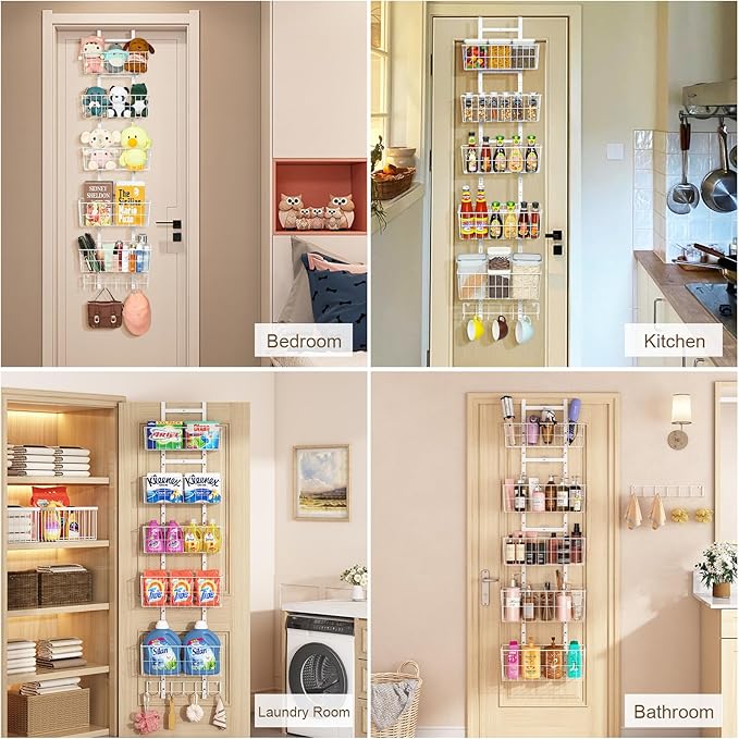 Adjustable Over The Door Organizer, Metal Hanging Door Organizer with 5 Wire Basket 7 Hooks, Wall Mounted Shelf for Pantry Closet Organization and Storage, White