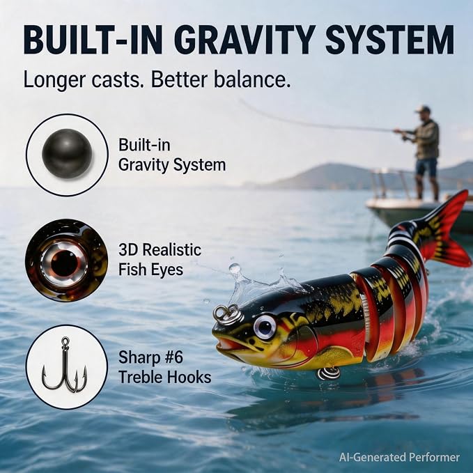 Multi-Jointed Swimbaits 5.1in Slow Sinking Fishing Lures, Premium ABS Hard Bait with Gravity Transfer System, Anti-Rust #6 Treble Hooks, Lifelike 3D Eyes for Bass Trout Walleye Pike