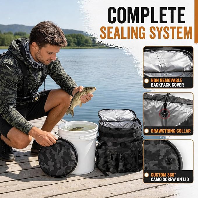 FUNHORUN Fishing Bucket Organizer with 5 Gallon Bucket & 360° Rotating Seat Lid, Fishing Tackle Bag with Backpack Straps, Full Water-Resistant Design & Multi-Pockets (Fishing Tools Not Included)