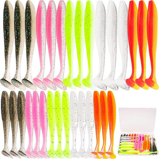 30pcs Soft Plastic Fishing Lures Paddle Tail Swimbaits Soft Baits Lure for Bass Crappie Trout Shad Freshwater Saltwater Fishing Mixed 3.5 Inch 4.7 Inch Swim Bait Kit with Box