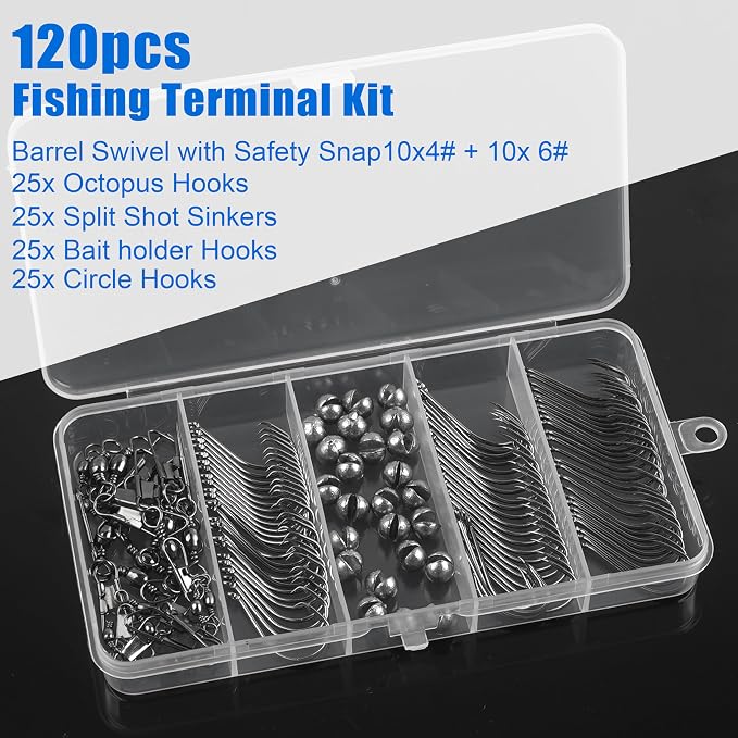 Fishing Hooks Swivel Sinker Set, 120Pcs Fishing Terminal Tackle Assortment Baitholder Octopus Circle Hooks Barrel Swivels Slipt Shot Sinker Weight Beads with Tackle Box
