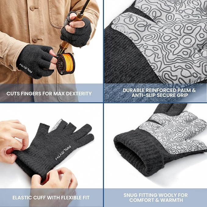 Palmyth Wool Fishing Gloves 3-Cut Fingers Warm for Men and Women Cold Weather Fingerless Gloves for Winter Fly Fishing