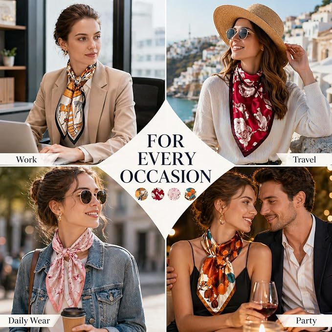 4PCS Neck Scarf Bandanas for Men and Women, Silk Feeling Head Scarfs, Fashion Neckerchief Square Purse Scarf