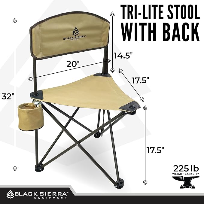 Black Sierra Tri-Lite Folding Stool with Backrest & Cup Holder, Lightweight Portable Hunting Fishing Chair with Carry Strap, Collapsible Outdoor Tripod Seat Supports 225 lbs