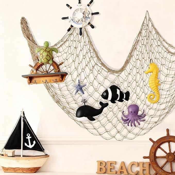 Decorative Fishing Net 2 Pack, 5x10 ft Large Caramel Fish Net Decor for Wall, Photo Display, Nautical Mermaid Pirate Ocean Themed Beach Hawaii Under the Sea Party Decorations