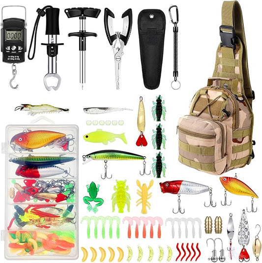 Sosation 134 Pcs Fishing Tool Fishing Tackle Box Kit and Equipment for Adults Beginner Gift, Hook Remover, Pliers Kit, Backpack Tackle Container Lures, Lip Gripper, Weigh Scale