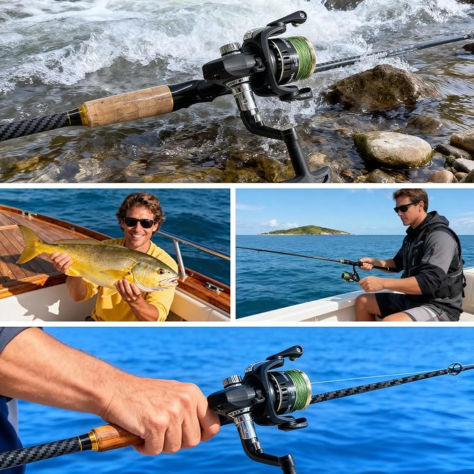 24-Ton Carbon & Fiberglass Spinning/Casting Rod, Lightweight 2-Piece Sensitive Fishing Rod with Ceramic Guides & Split-Grip Handle for Bass, Trout, Pike