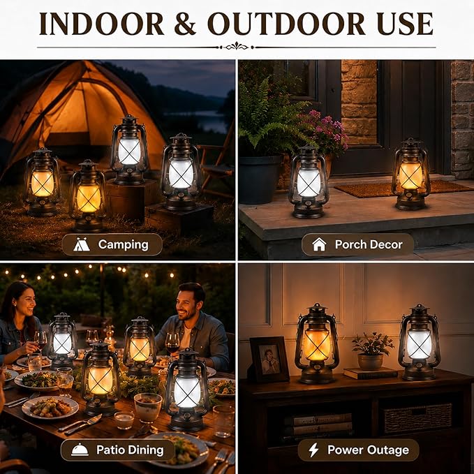 Rechargeable LED Lanterns 4 Pack, USB Charging Vintage Bronze Camping Lamps with Flickering Flame, Remote Control 4 Modes Hanging Lights for Patio Garden Porch Backyard Indoor Outdoor Halloween Decor