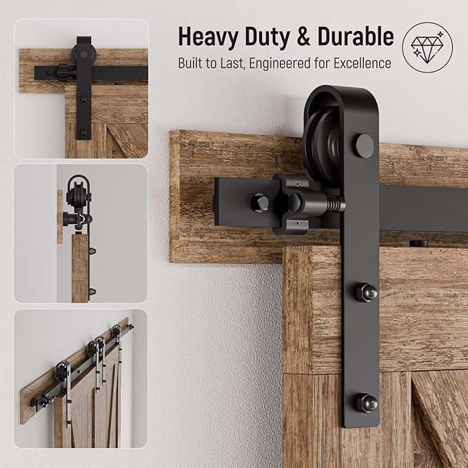CCJH 4FT Sliding Barn Door Hardware Kit, Heavy Duty, Smoothly and Quietly, Easy to Install, Fit 12" Width Double Door Panel, Basic Style Hangers Black