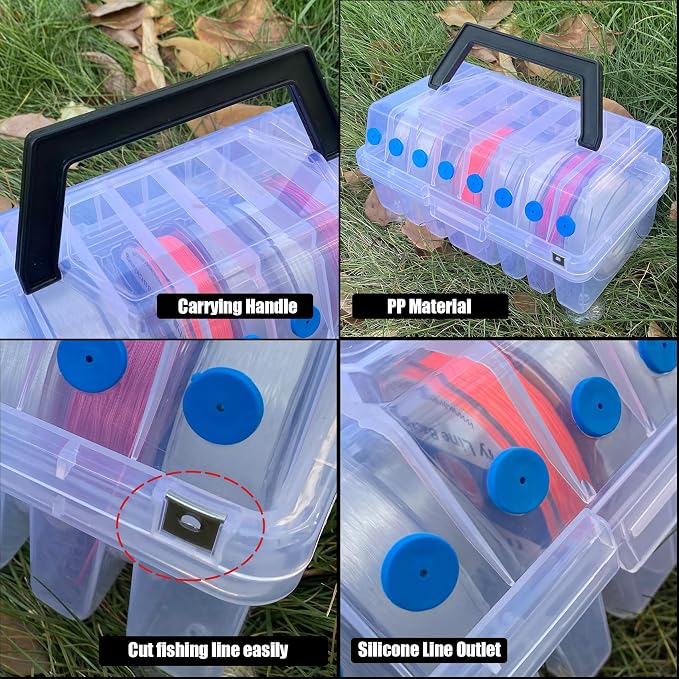 Aventik Clear Fishing Line Organizer Built-in Cutter & Silicone Holes 6C/8C Clear Tangle Free Spool Storage Box for Fishing Line Management