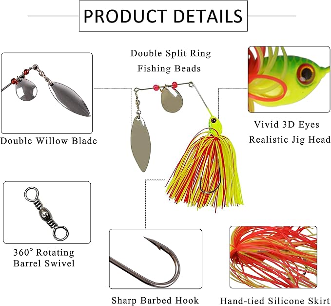 Bass Fishing Spinner Bait Kits Bass Lures Hard Metal Spinnerbait Jigs Multicolor Buzzbait Swimbaits Silicon Skirt Swim Jigs for Bass Trout Pike Salmon Walleye Freshwater Saltwater