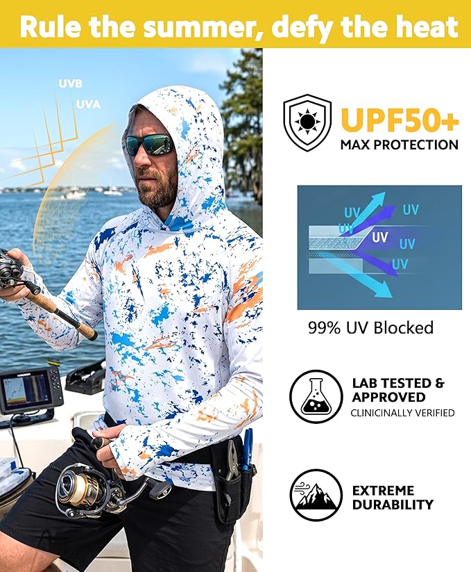 Men's UPF 50+ Sun Protection Hoodie Shirt Long Sleeve SPF Fishing Outdoor UV Hiking Lightweight Shirts