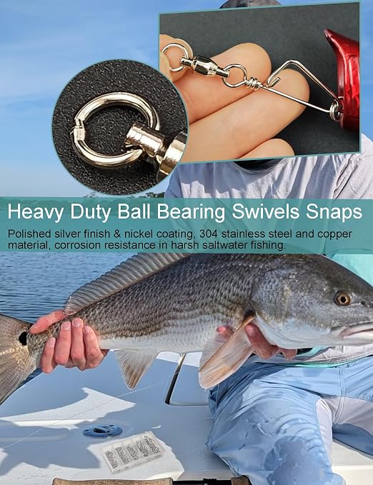 Avlcoaky Ball Bearing Swivels Snaps Fishing Swivels 34pcs/box Heavy Duty Snap Swivel Saltwater Barrel Swivel Fishing Tackle Quick Change Lure Clips Terminal Tackle Assortment for Redfish, Striped Bass