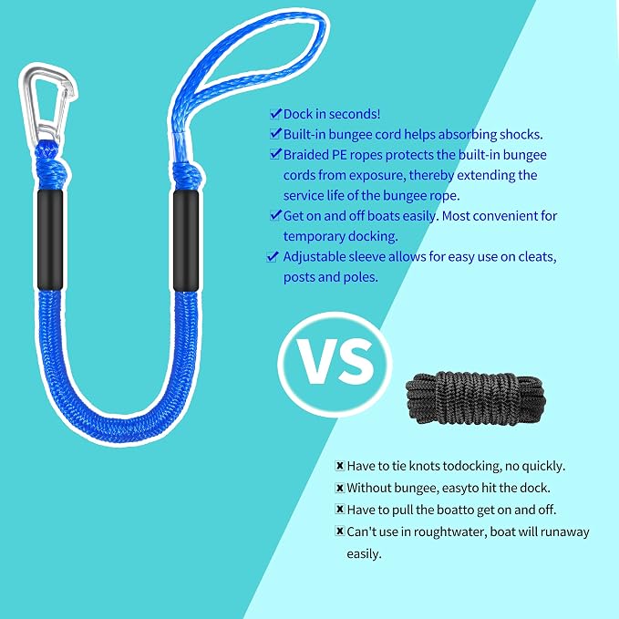 Boat Bungee Dock Lines – Adjustable Boat Tie Downs for Pontoon, Jet Ski, PWC, Kayak | Single Hook Small Cruiser Mooring Lines | (2, Blue, 3 Feet)