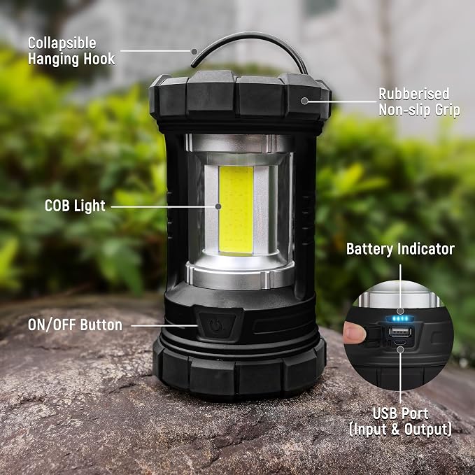 elesall Camping Lantern, 3000LM LED Rechargeable Battery Operated Lantern, 5 Light Modes, COB Waterproof Lantern Flashlight, Camping Light for Power Outage, Hurricane, Survival, Hiking(Black)