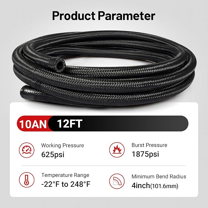 EVIL ENERGY 10AN Fuel Line Kit, 10AN Nylon Braided Fuel Line Hose Fitting Kit CPE 12FT Black