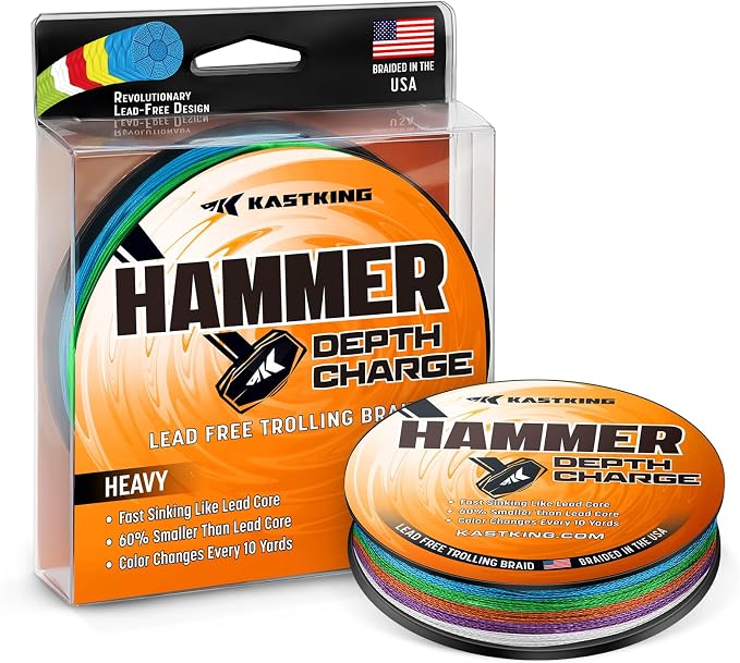 KastKing Hammer Depth Charge Weighted Fishing Line- Made in The USA, Lead-Free Fast Sinking 9-Carrier Braided Fishing Line, Nano Bismuth Coated Saltwater Trolling Line, Color Changes Every 10 Yards