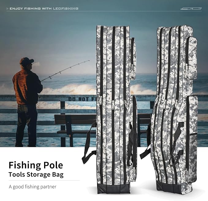 LEOFISHING Portable 3 Layers Fishing Pole Bag Durable Oxford Folding Fishing Rod Reel Carry Case Tackle Storage Bag Case Waterproof Camouflage Travel Fishing Carrier (Grey Camouflage, 120cm/47in)