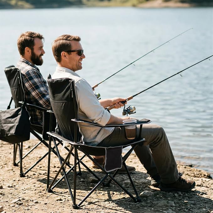 Romswi Lightweight 2Pcs Camping Chairs for Adults 400LBS Capacity, Folding Lawn Chair with 4-Can Cooler Bag, Cup Holder,Collapsible Portable Outdoor Chair for Tailgating, Beach, Fishing,Black