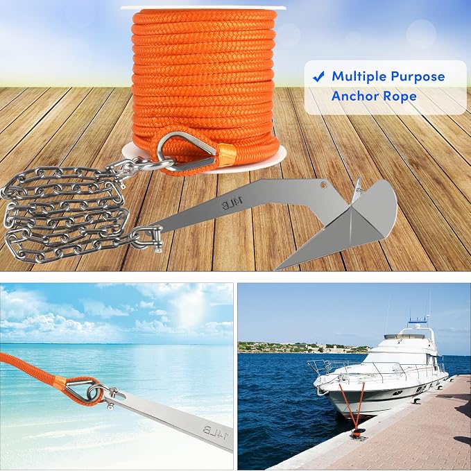 Boat Anchor Rope 150 ft x 1/2 inch Orange, Double Braided Anchor Line with Stainless Steel Thimble & Shackle, Marine Rope Ideal for Towing, Mooring, Decks, Anchoring, for Boats Up to 35'
