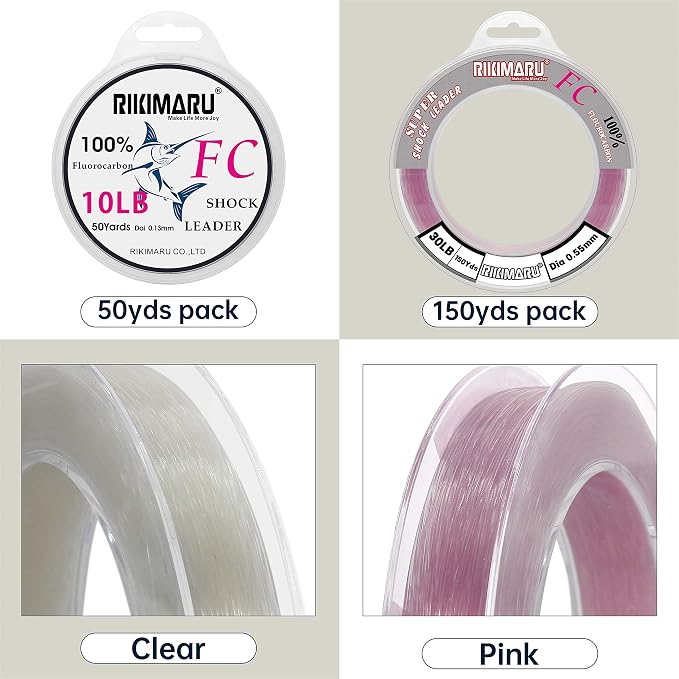 Rikimaru FC 100% Fluorocarbon Pure Shock Resistant, Sinks Faster Than Mono, Leader Material, 2LB-150LB